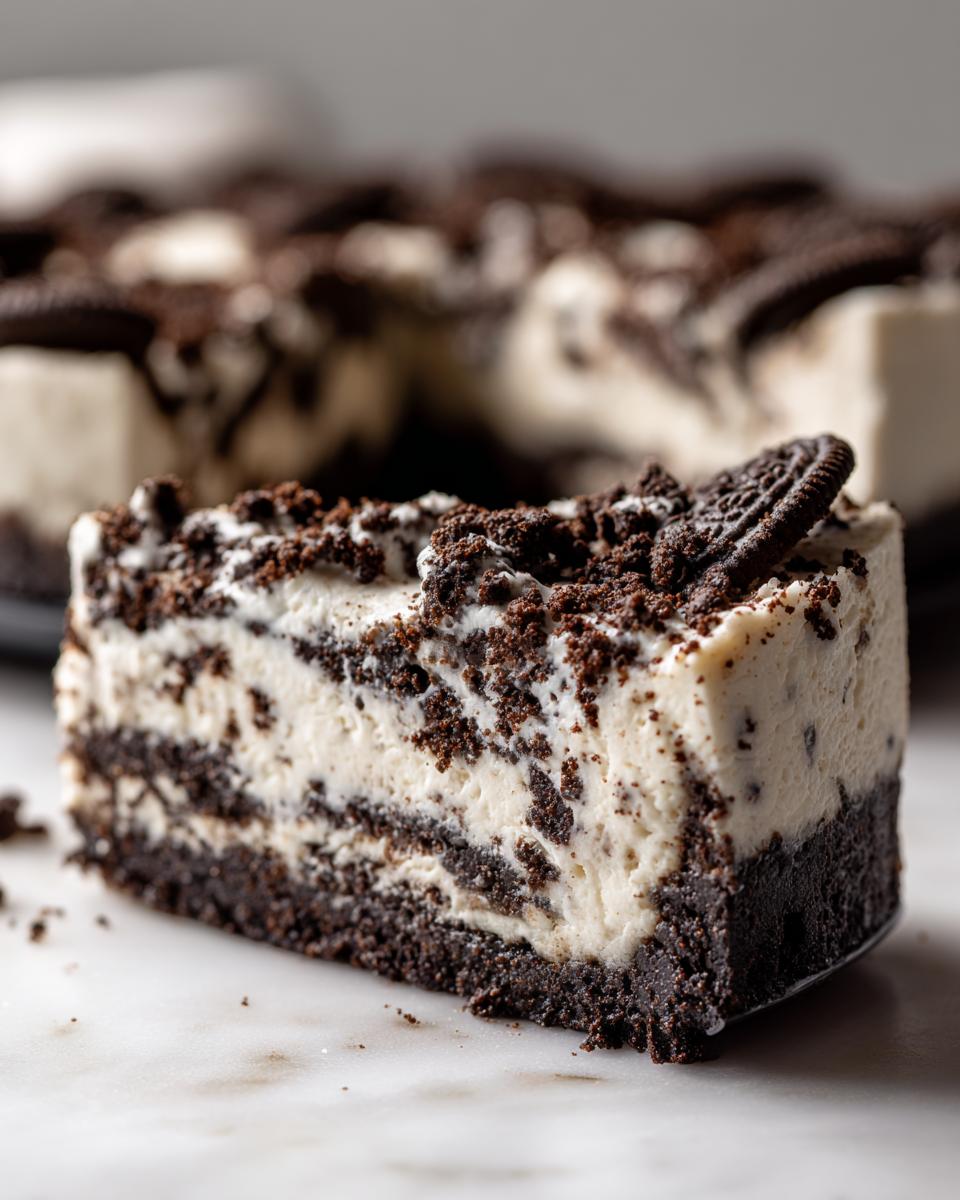 A close-up of a slice of no-bake Oreo cheesecake, showcasing layers of creamy filling and crushed Oreos.