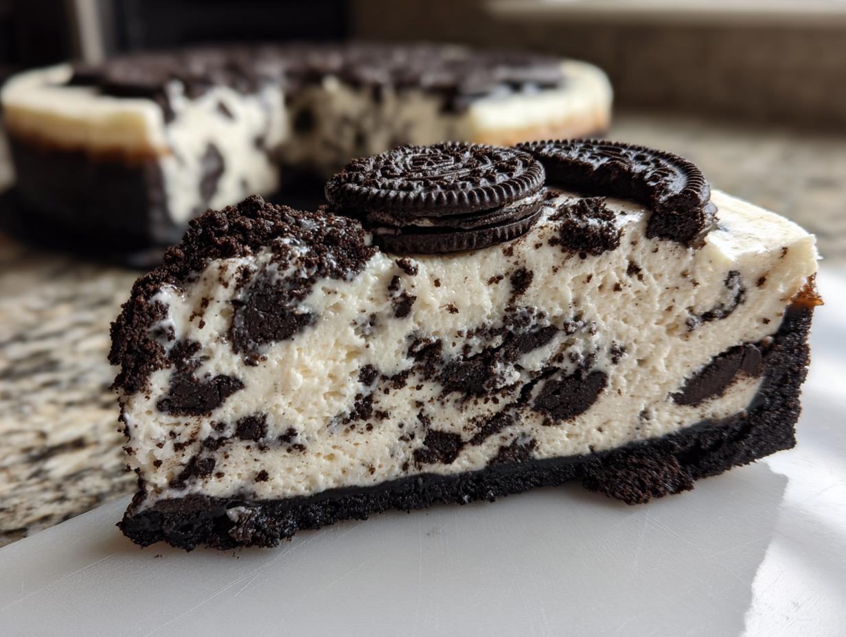 A delicious slice of no bake Oreo cheesecake, topped with crushed Oreos and whole Oreos.
