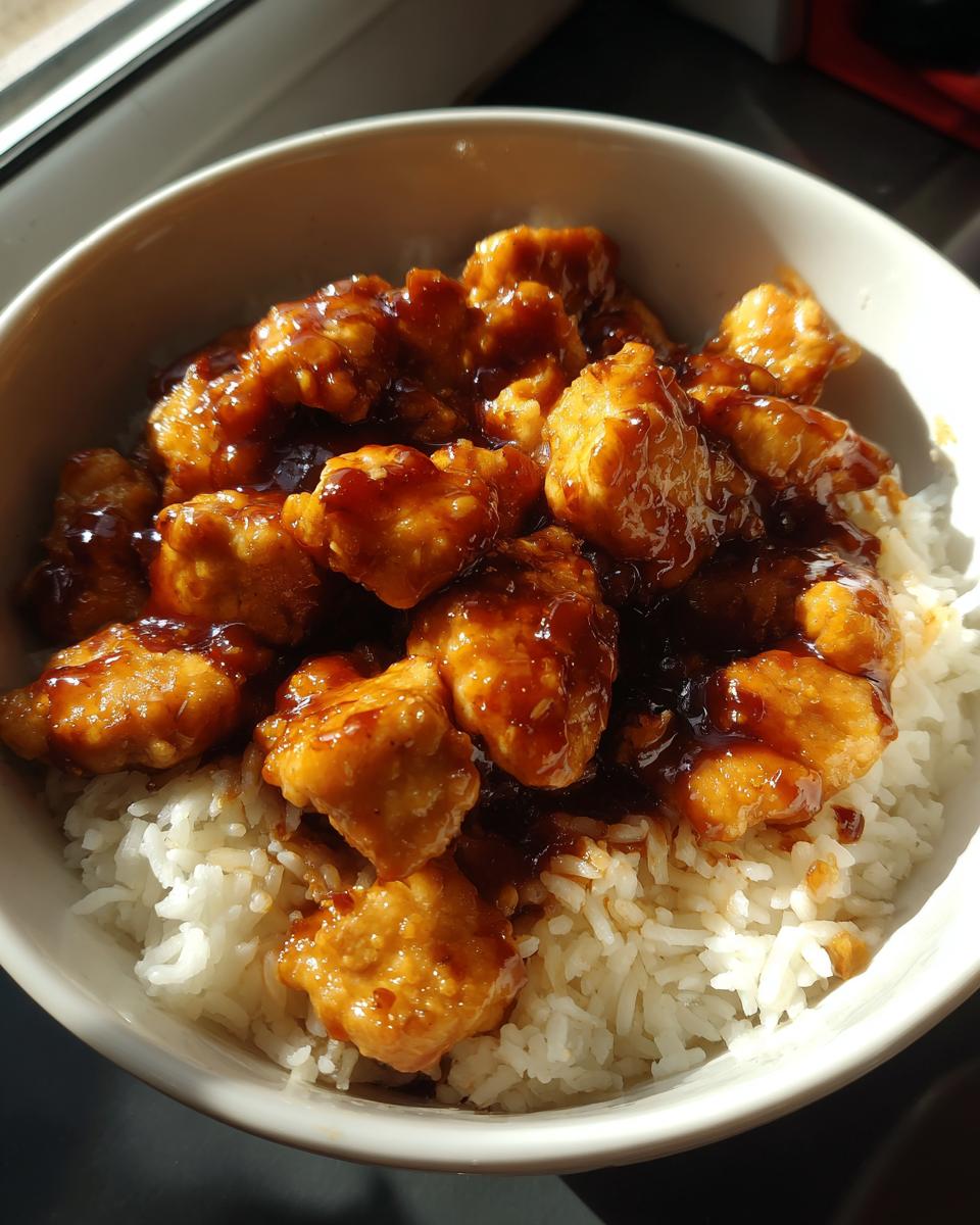 Close-up of a bowl filled with fluffy white rice topped with glistening pieces of Honey BBQ Chicken.
