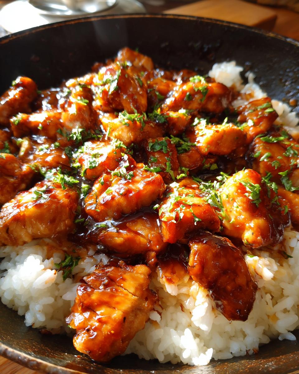 Close-up of glistening One-Pan Honey BBQ Chicken Rice, topped with fresh parsley.