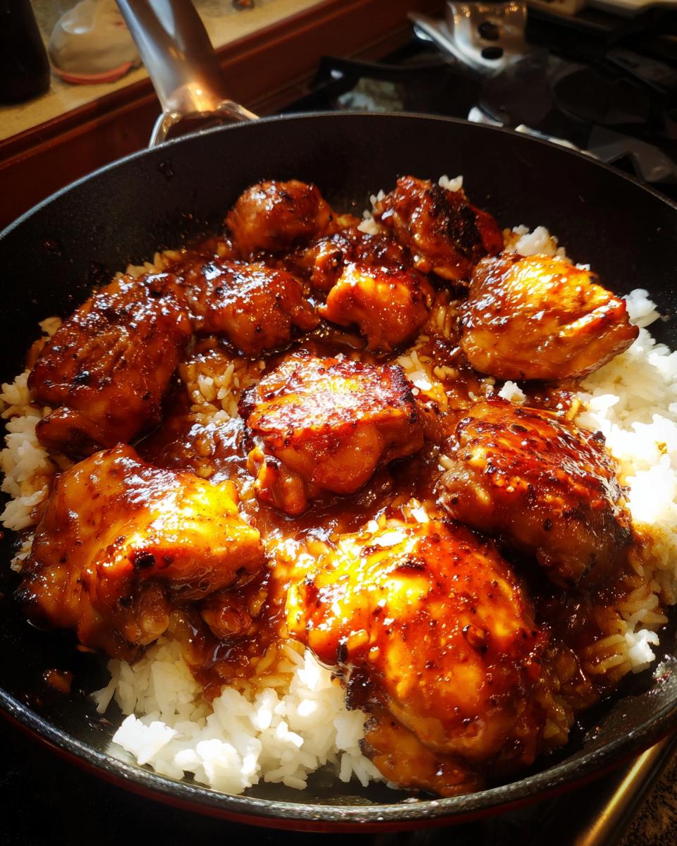 Close-up of a skillet filled with fluffy white rice topped with glazed Honey BBQ Chicken pieces.