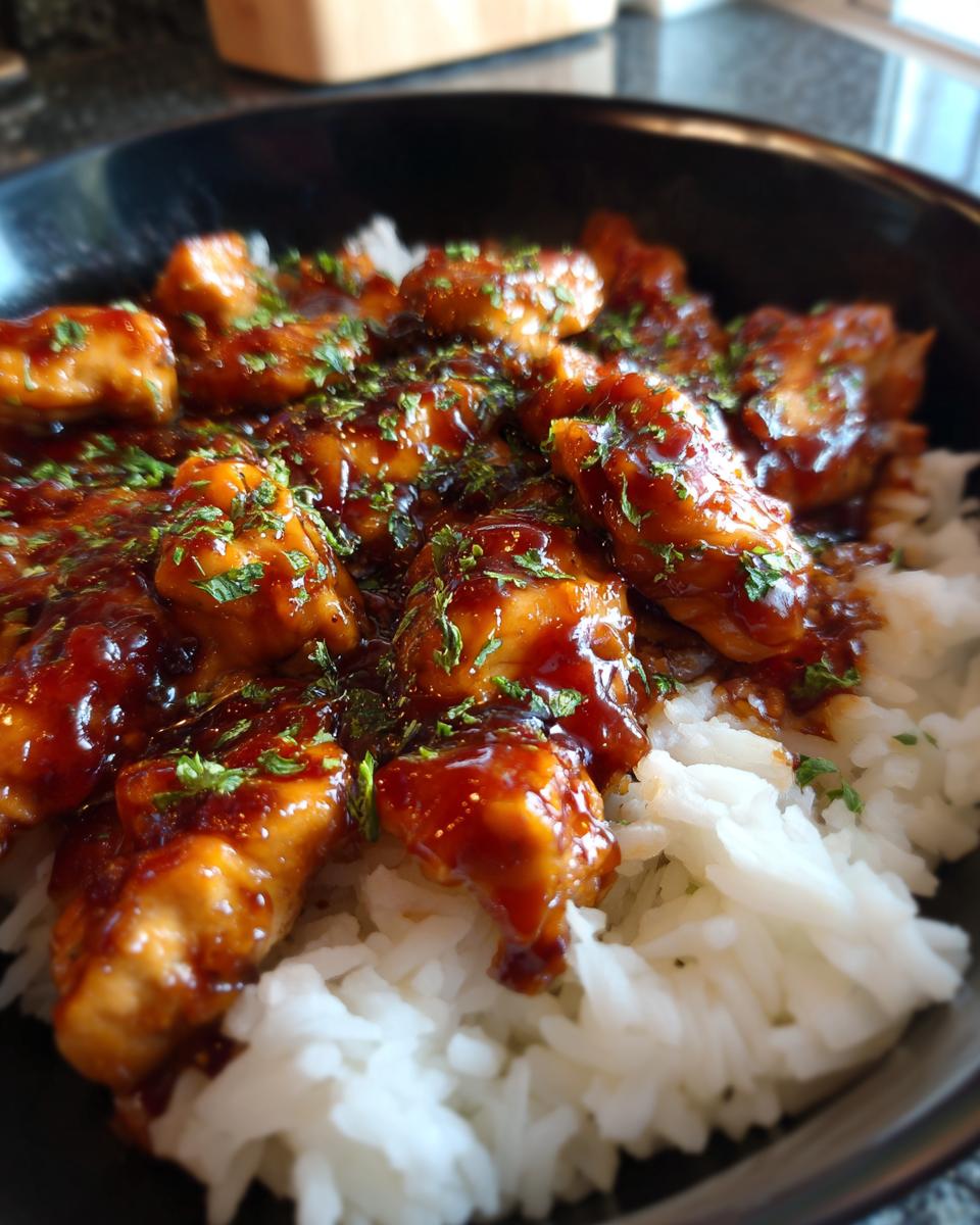 Close-up of a bowl of fluffy white rice topped with glistening pieces of Honey BBQ Chicken, garnished with fresh parsley.