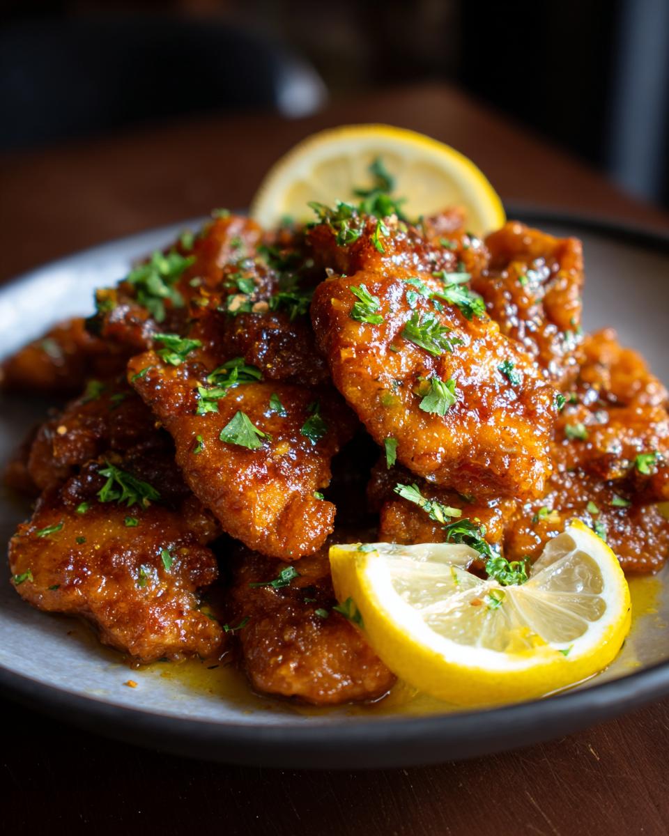 A close-up of glistening One Pan Lemon Chicken pieces, garnished with fresh parsley and lemon slices.
