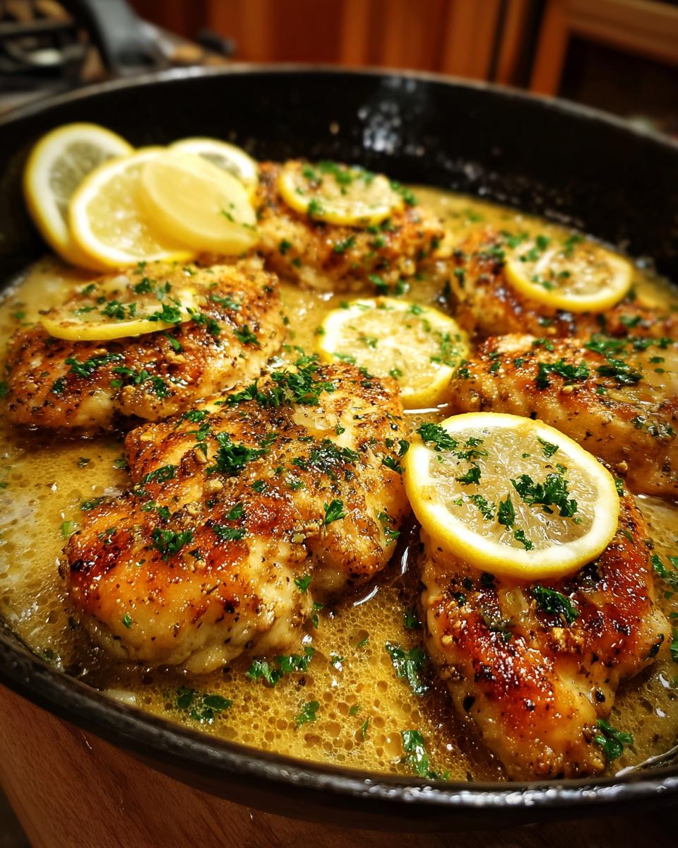 Close-up of golden-brown chicken breasts cooked in a lemon sauce with lemon slices and parsley in a skillet.