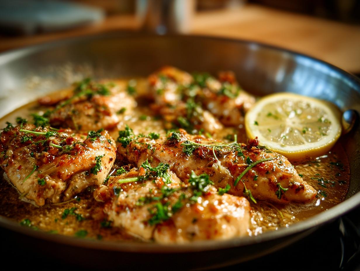 Close-up of juicy pan-seared chicken breasts in a lemon sauce, garnished with parsley and a lemon slice. Easy Dinner Recipes.