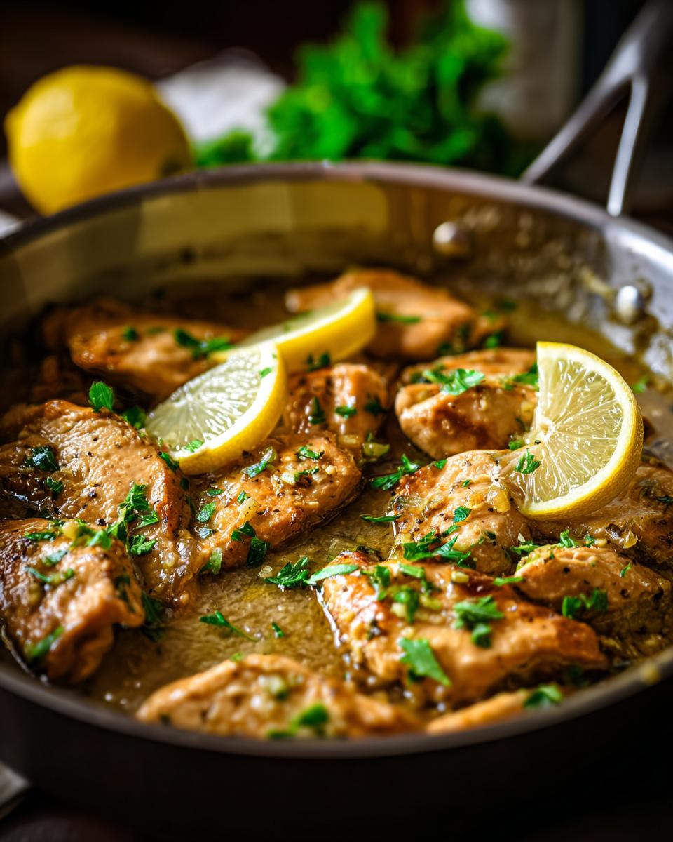 Close-up of juicy chicken pieces in a lemon sauce in a pan, garnished with lemon slices and parsley. Perfect for easy dinner recipes.