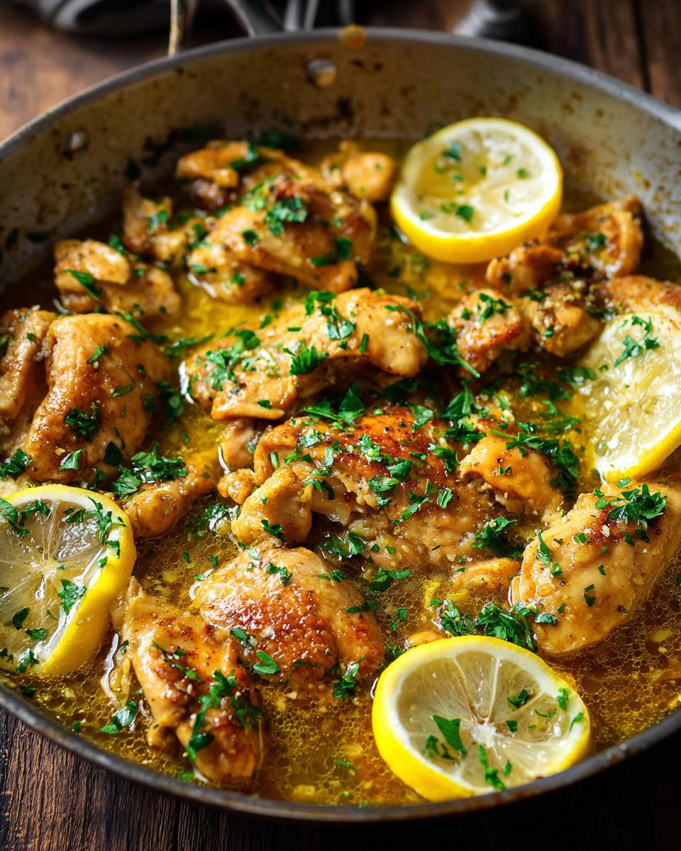 Close-up of juicy chicken pieces in a lemon sauce, garnished with fresh parsley and lemon slices in a pan.
