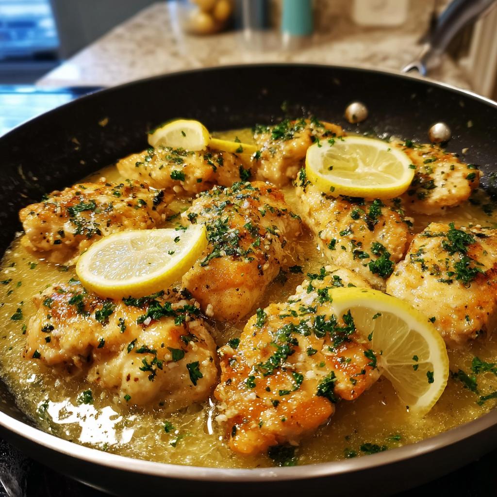 Close-up of golden brown chicken pieces in a lemon sauce, garnished with fresh parsley and lemon slices in a skillet. Perfect for easy dinner recipes.