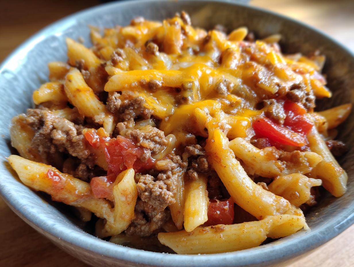 Close-up of a bowl filled with One Pot Taco Pasta, featuring penne pasta, seasoned ground beef, diced tomatoes, and melted cheddar cheese.