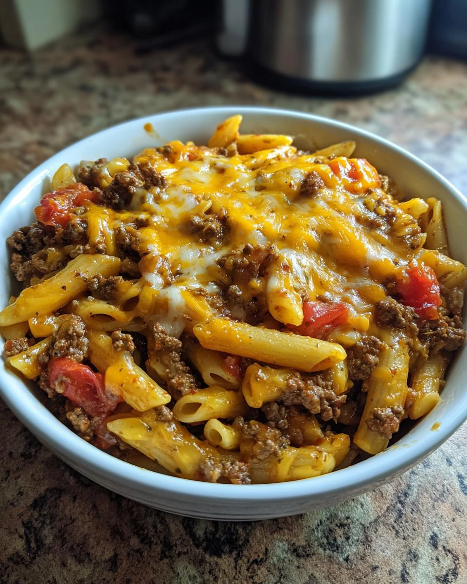A bowl of delicious one pot taco pasta topped with melted cheddar cheese and diced tomatoes.