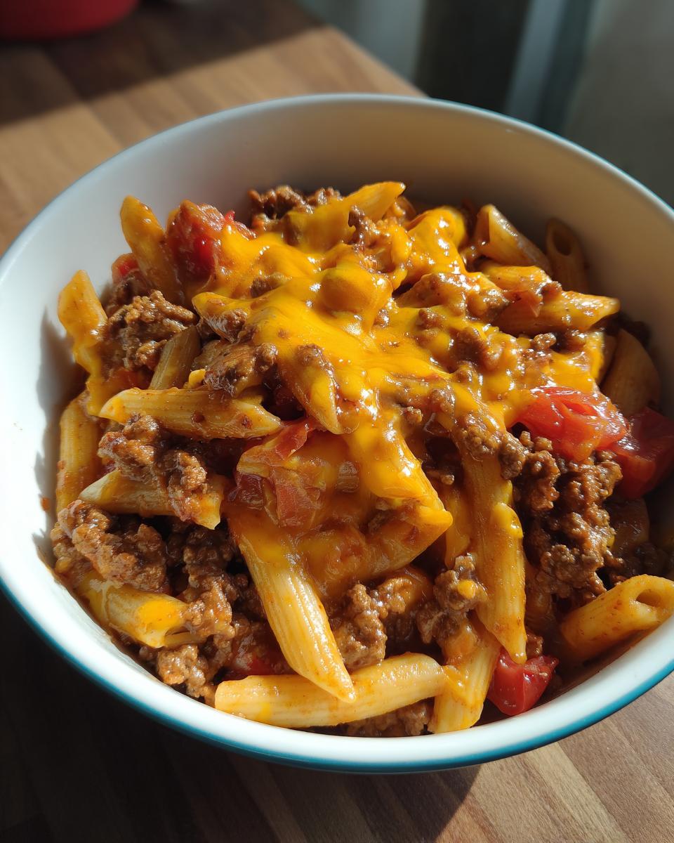 A bowl of delicious one pot taco pasta topped with melted cheddar cheese and seasoned ground beef.