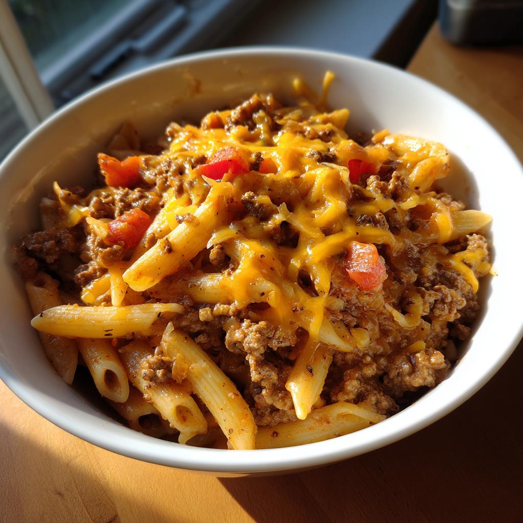 A close-up of a bowl filled with one pot taco pasta, topped with melted cheddar cheese and diced tomatoes.
