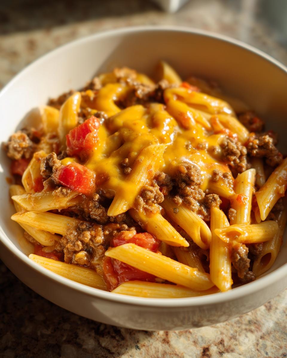 A close-up of a bowl filled with one pot taco pasta, featuring penne, seasoned ground beef, diced tomatoes, and melted cheddar cheese.