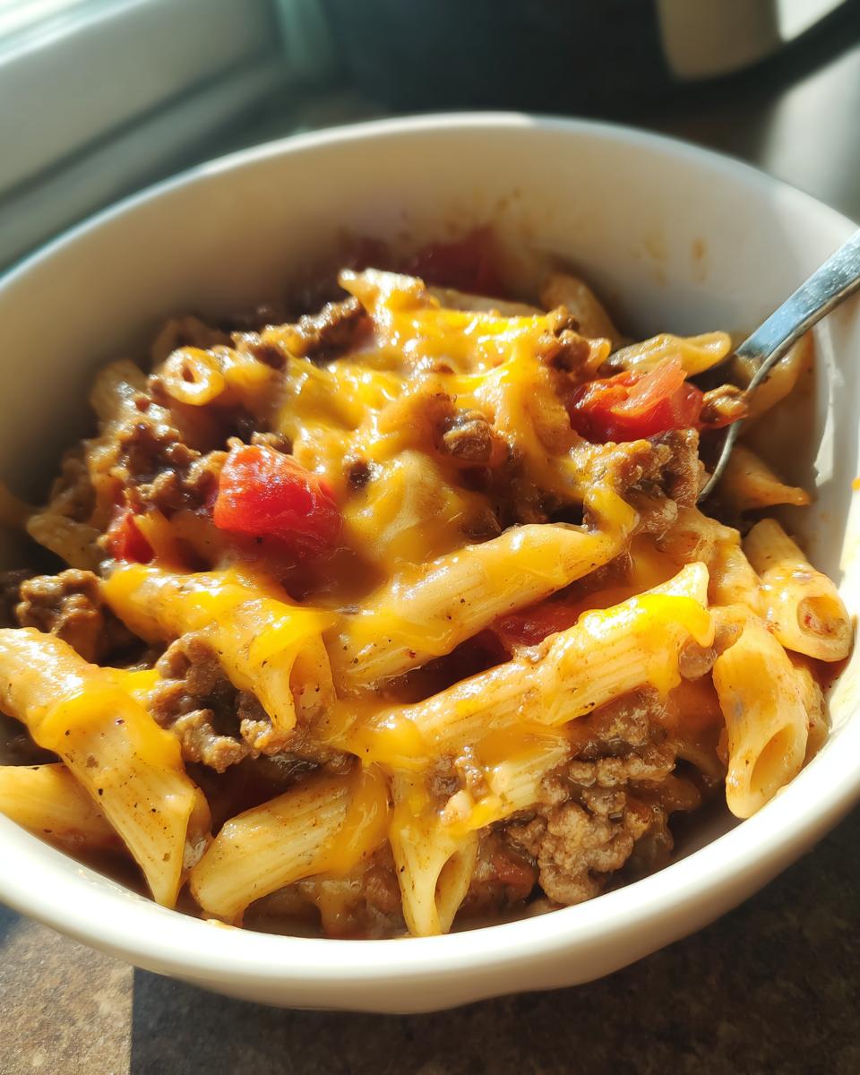 A close-up of a bowl of one pot taco pasta, topped with melted cheddar cheese and diced tomatoes.