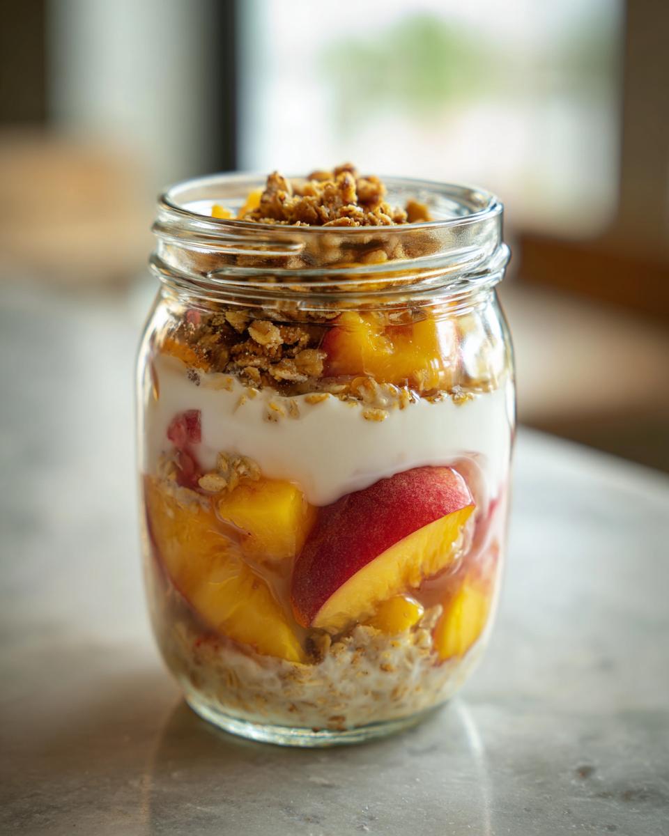 Overnight oats in a jar layered with yogurt, fresh peaches, and a crunchy crisp topping. Perfect for peach recipes.