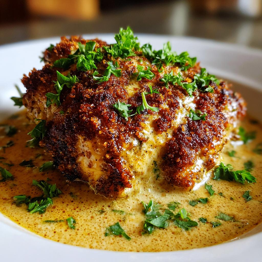 A close-up of Parmesan Crusted Chicken with Creamy Garlic Sauce, garnished with fresh parsley.