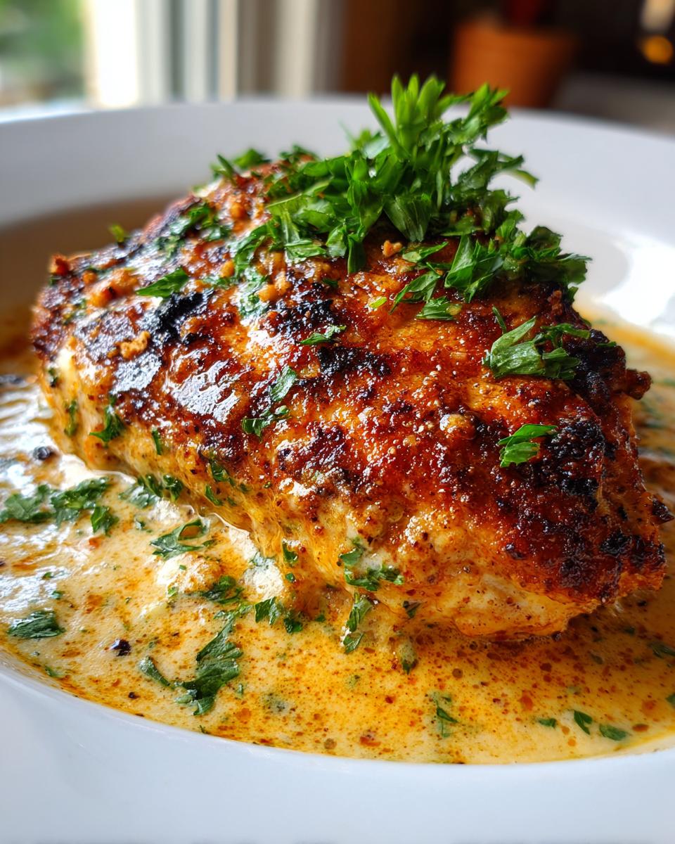 A close-up of a golden-brown Parmesan Crusted Chicken breast served in a rich, creamy garlic sauce and garnished with fresh parsley.