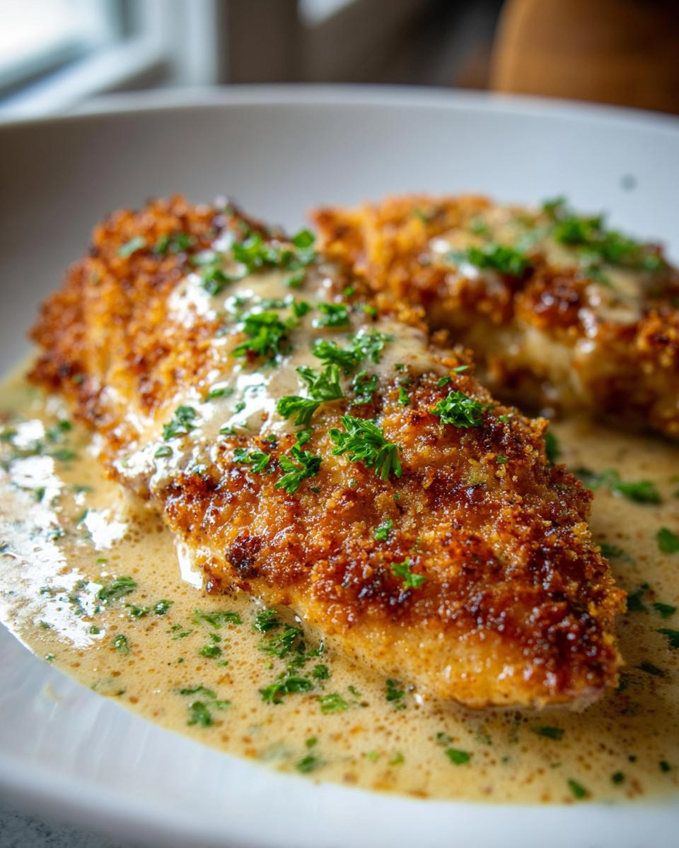 Two pieces of golden Parmesan Crusted Chicken served in a creamy garlic sauce, garnished with fresh parsley.