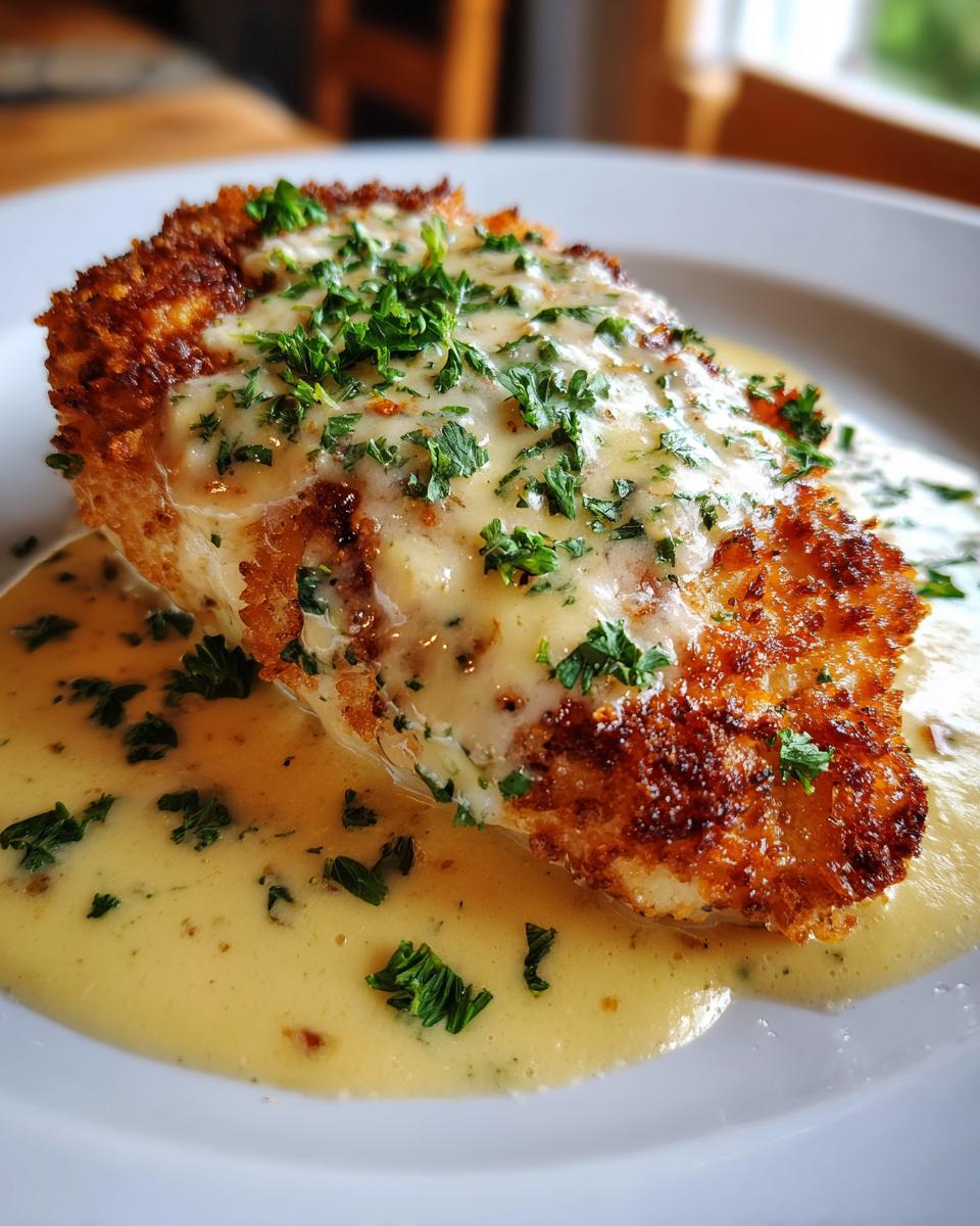 A close-up of a golden-brown Parmesan Crusted Chicken breast topped with creamy garlic sauce and fresh parsley.