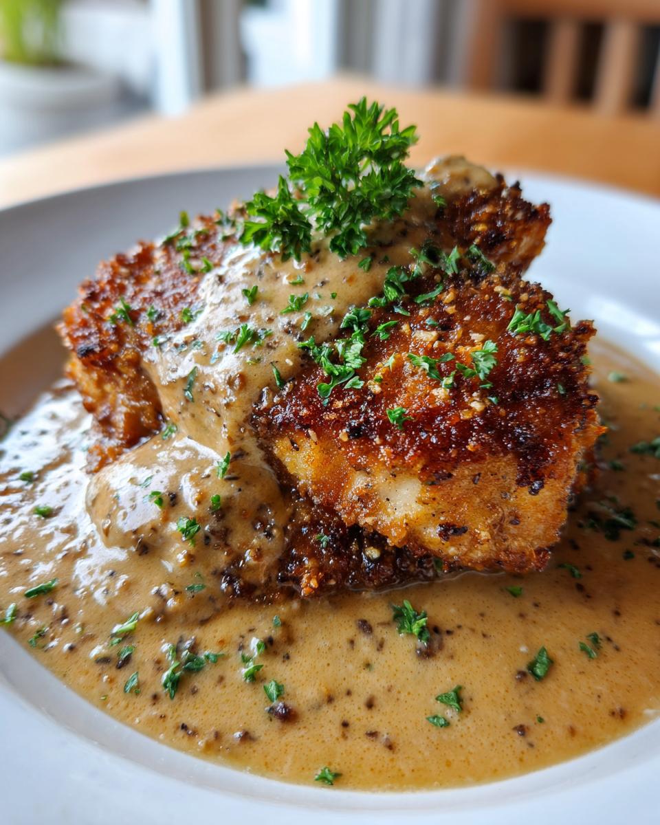 Close-up of golden Parmesan Crusted Chicken topped with creamy garlic sauce and fresh parsley.