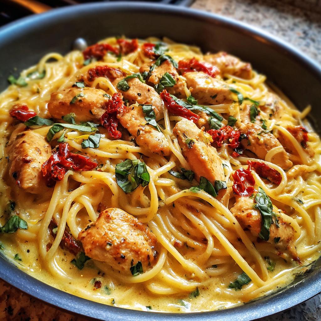 Close-up of creamy Parmesan Marry Me Chicken Pasta with sun-dried tomatoes and basil.