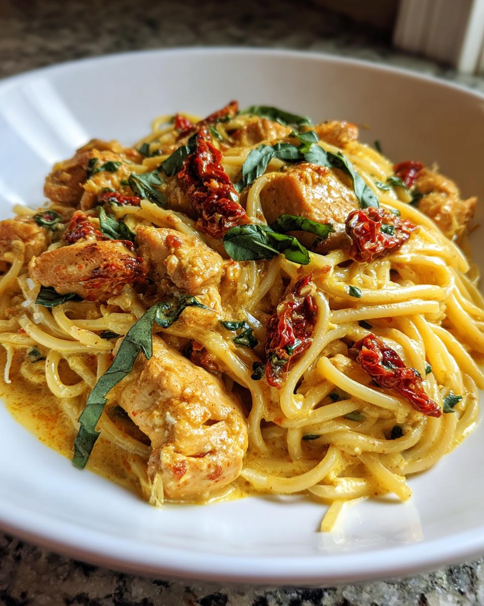A close-up of creamy Parmesan Marry Me Chicken Pasta with sun-dried tomatoes and basil.