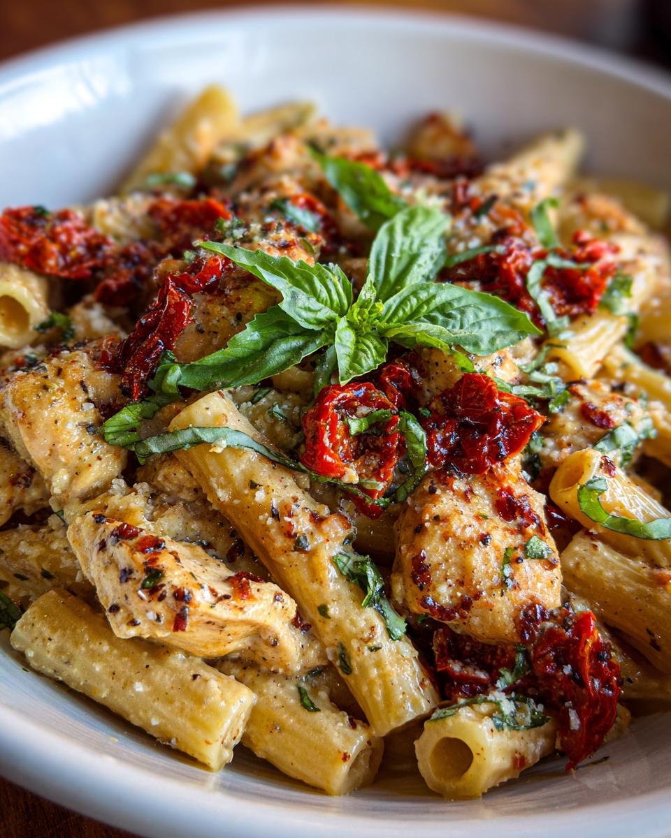 Close-up of Parmesan Marry Me Chicken Pasta with penne pasta, chicken pieces, sun-dried tomatoes, and fresh basil.