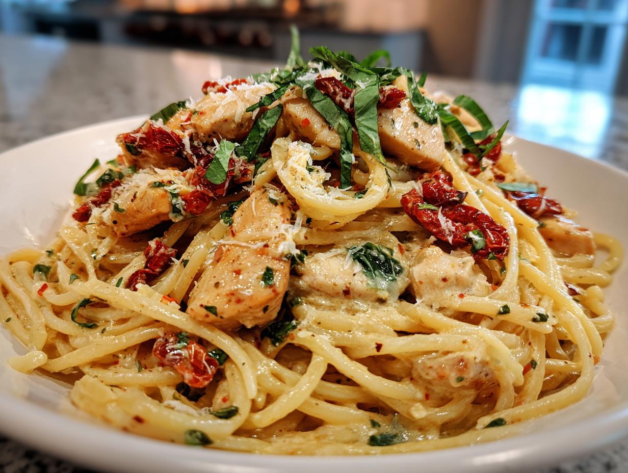 A close-up shot of a bowl of Parmesan Marry Me Chicken Pasta, featuring creamy sauce, tender chicken, and sun-dried tomatoes.