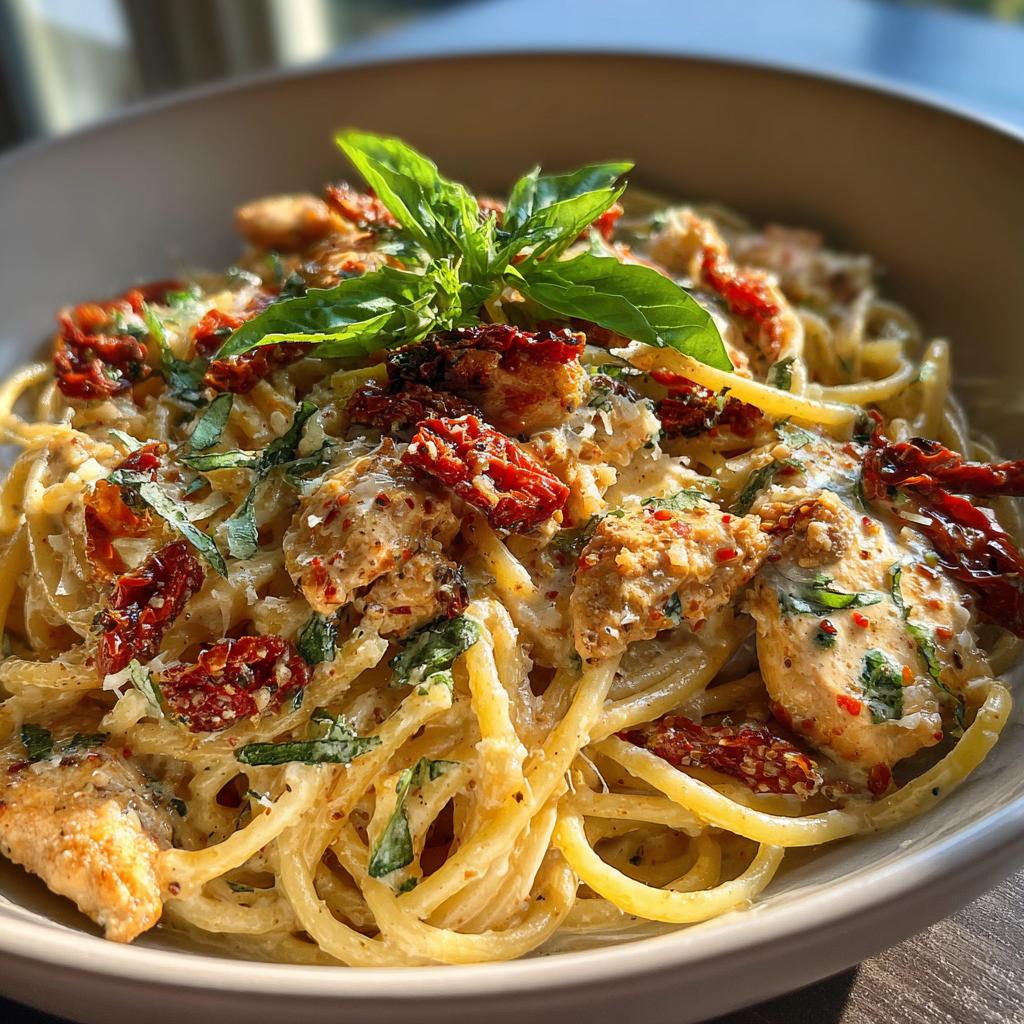 A close-up of a bowl of Parmesan Marry Me Chicken Pasta, featuring spaghetti, creamy sauce, chicken pieces, sun-dried tomatoes, and fresh basil.