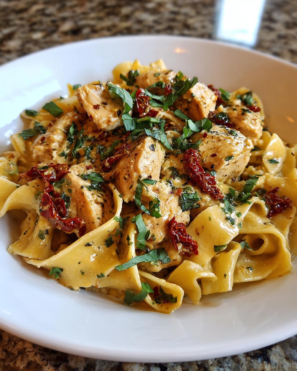 A close-up of Parmesan Marry Me Chicken Pasta, featuring creamy sauce, tender chicken pieces, and sun-dried tomatoes.