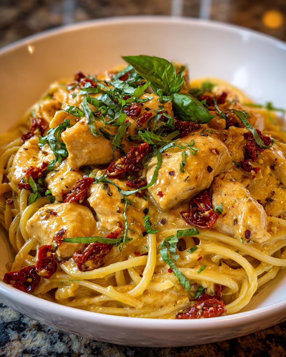 A close-up of Parmesan Marry Me Chicken Pasta, featuring tender chicken pieces in a creamy sauce with sun-dried tomatoes and fresh basil.