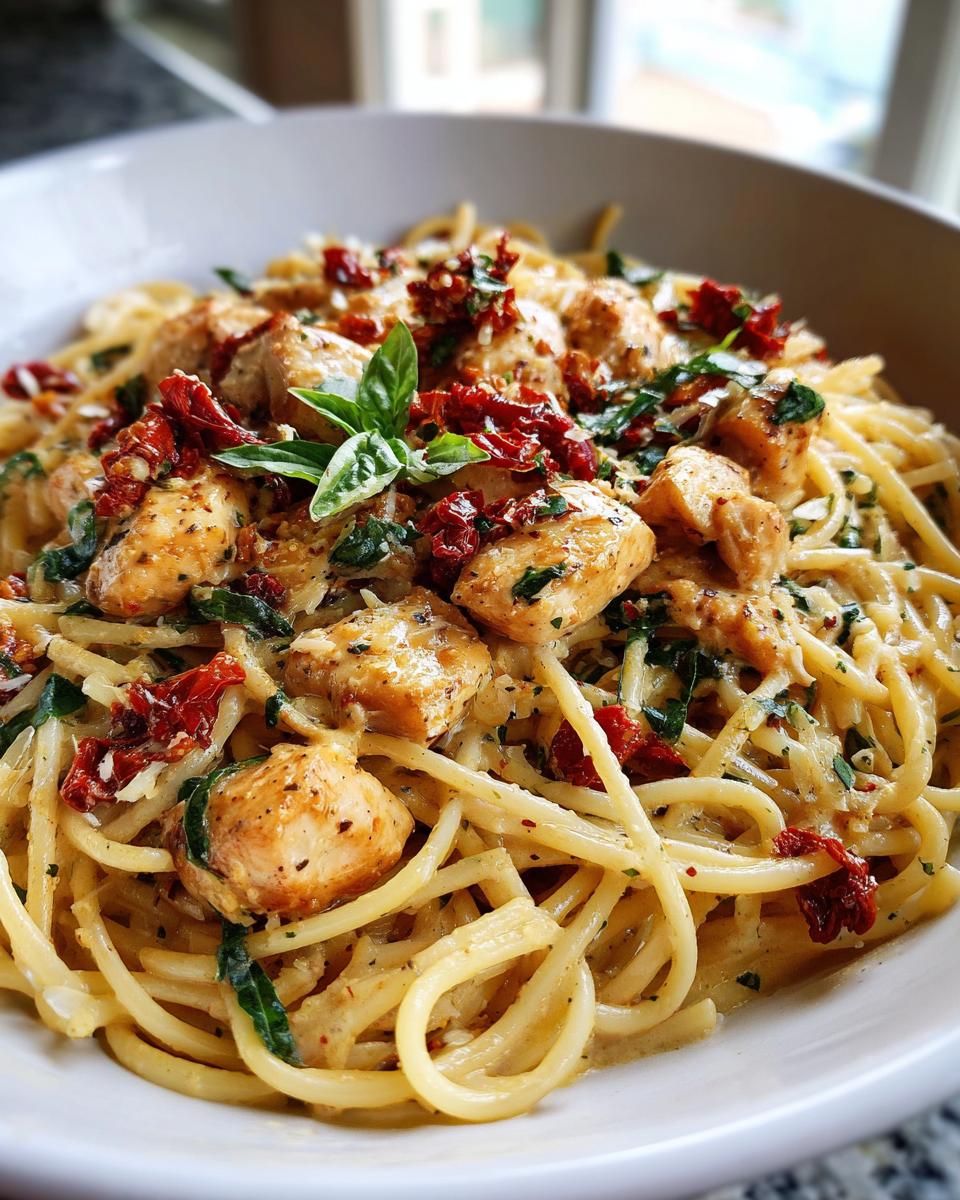 A close-up of creamy Parmesan Marry Me Chicken Pasta topped with sun-dried tomatoes and fresh basil.