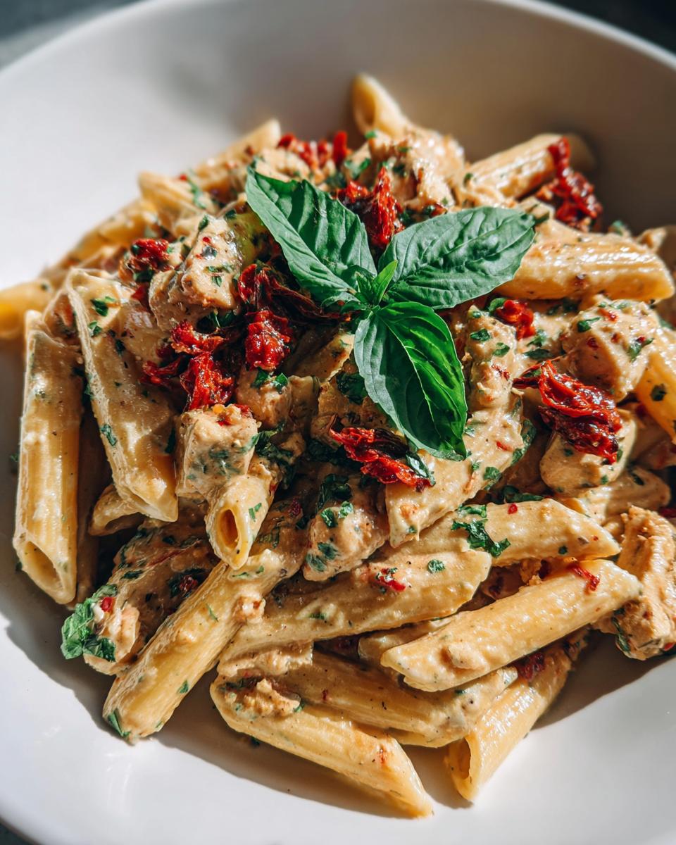 A close-up of creamy Parmesan Marry Me Chicken Pasta with penne, chicken pieces, sun-dried tomatoes, and fresh basil.