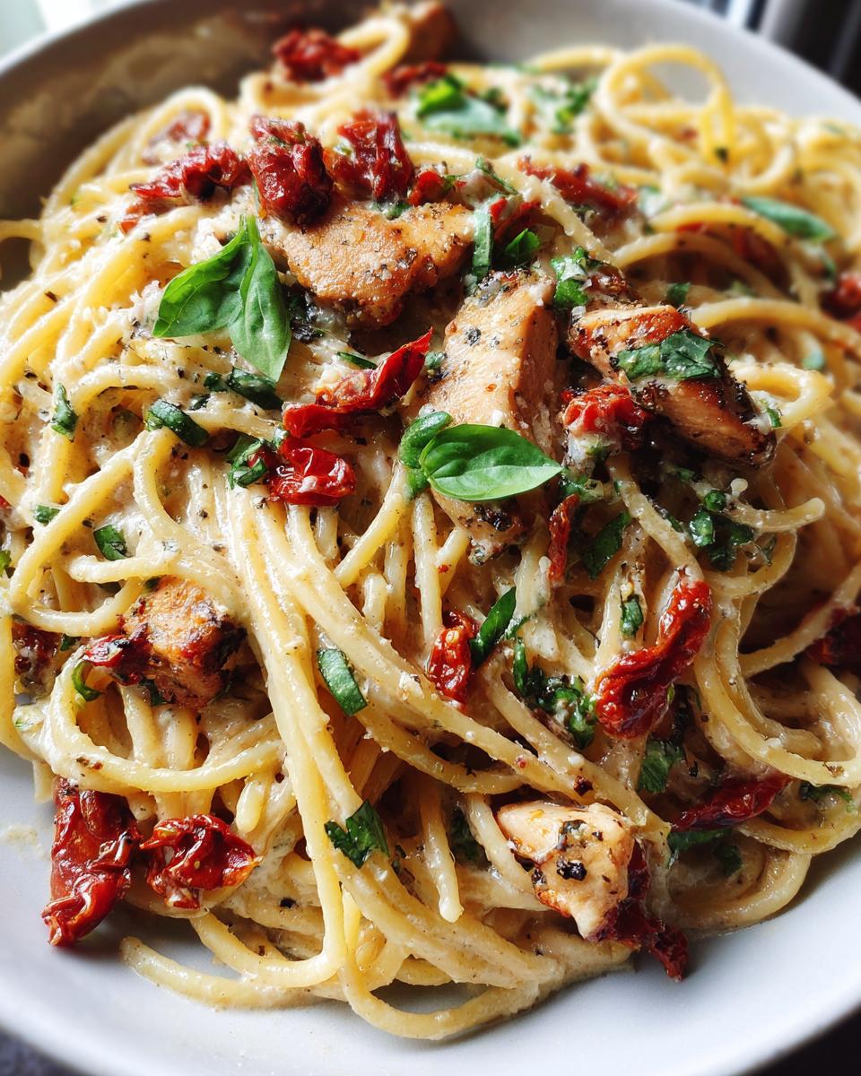 Close-up of creamy Parmesan Marry Me Chicken Pasta with sun-dried tomatoes and basil.