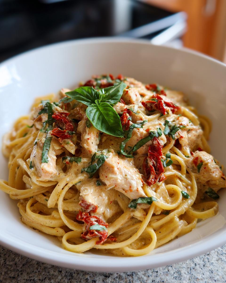 A close-up of creamy Parmesan Marry Me Chicken Pasta, topped with sun-dried tomatoes and fresh basil.