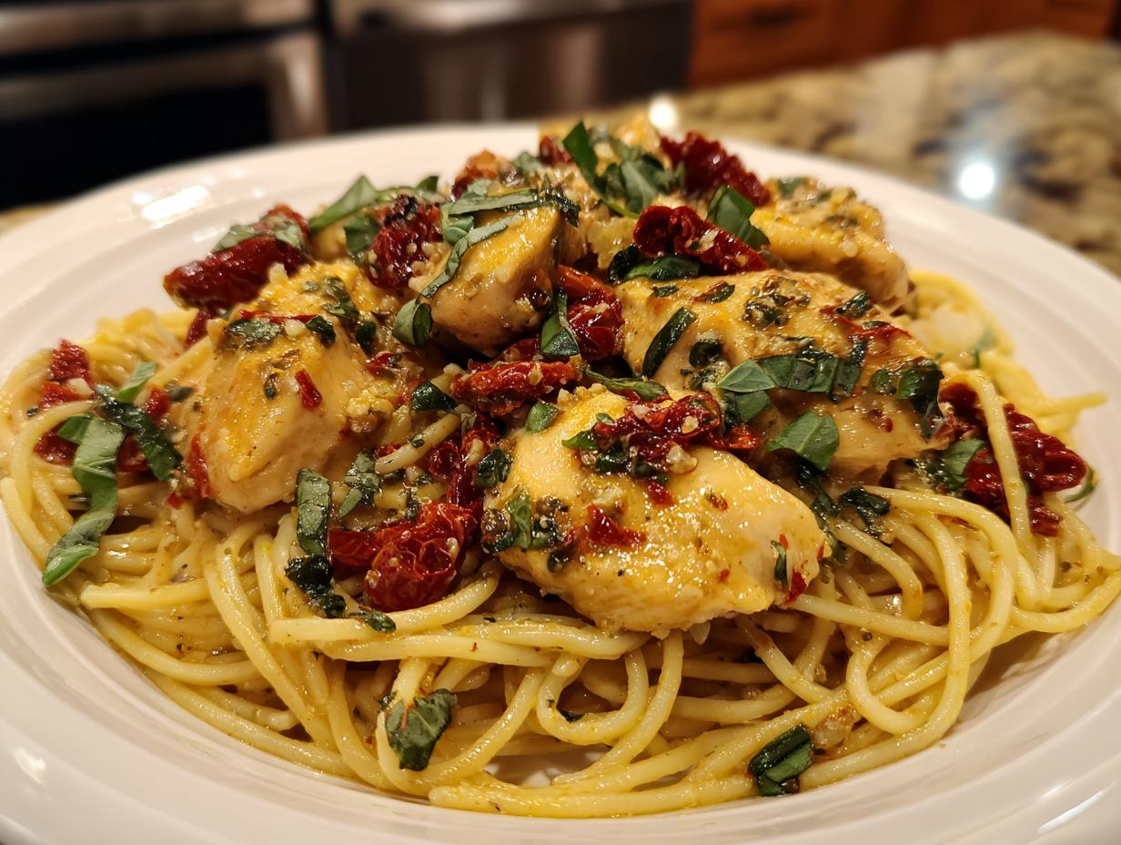 A close-up of Parmesan Marry Me Chicken Pasta, featuring tender chicken pieces and sun-dried tomatoes over spaghetti.