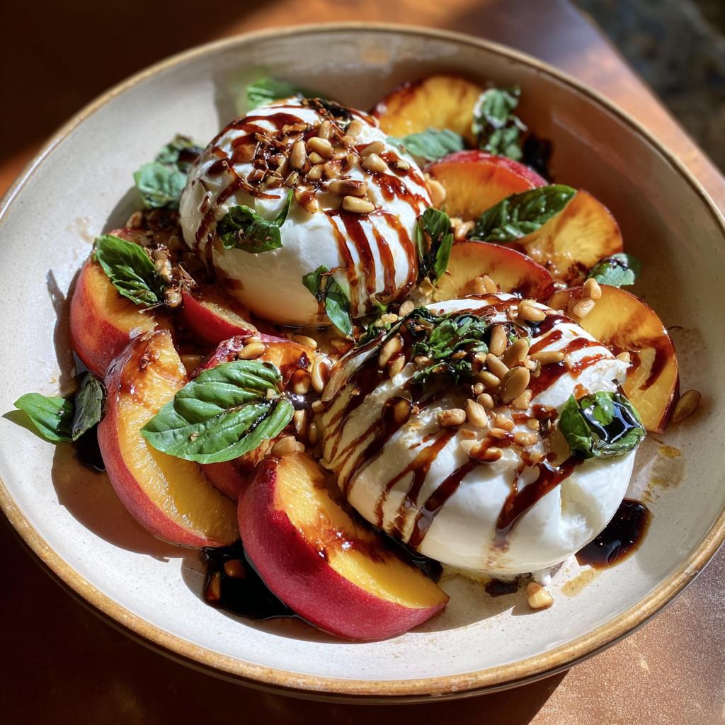 A beautiful peach burrata platter with fresh peaches, burrata cheese, basil, pine nuts, and balsamic glaze.