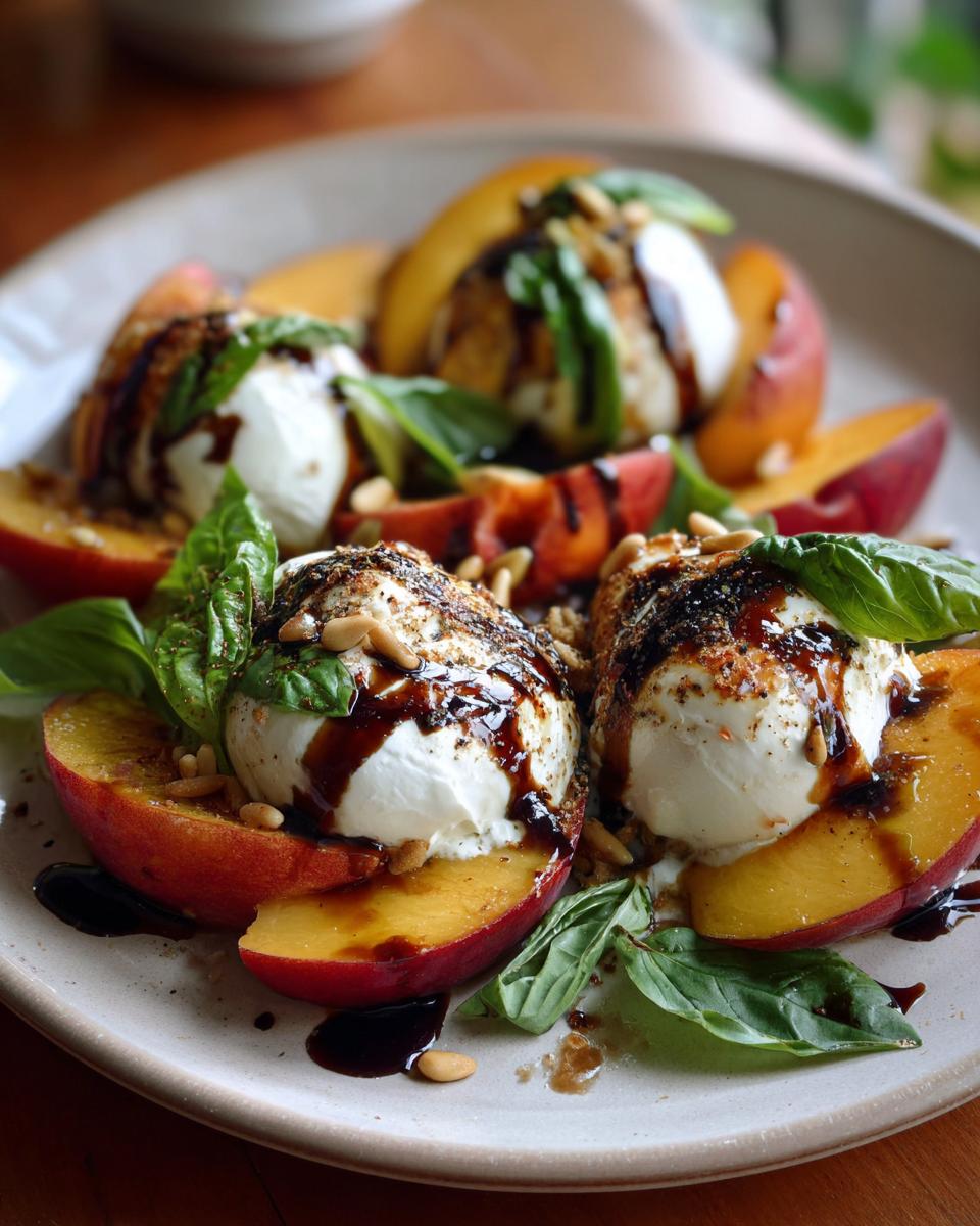 A refreshing summer salad featuring halved peaches topped with creamy burrata cheese, drizzled with balsamic glaze, and garnished with basil and pine nuts.