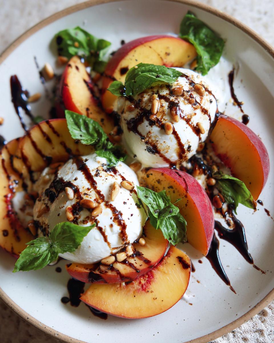 A beautiful peach burrata platter with grilled peaches, fresh basil, pine nuts, and balsamic glaze, perfect for summer salad recipes.