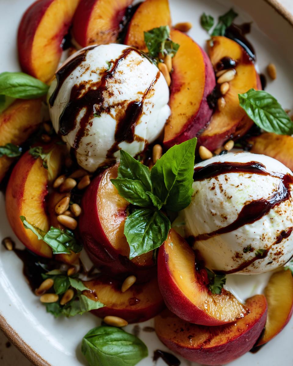 A refreshing summer salad featuring sliced peaches, creamy burrata cheese, fresh basil, pine nuts, and a balsamic glaze.