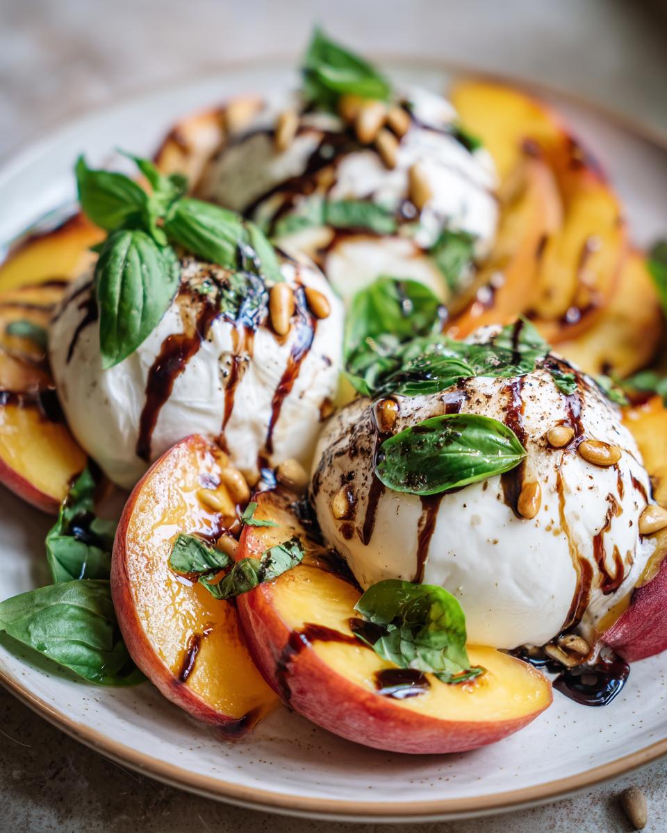Close-up of a peach burrata platter with fresh peaches, burrata cheese, basil, pine nuts, and balsamic glaze.