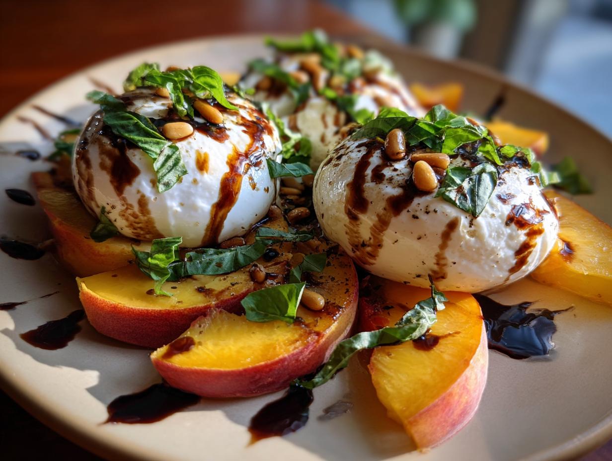 Close-up of a summer salad featuring peach slices topped with burrata cheese, basil, pine nuts, and balsamic glaze.