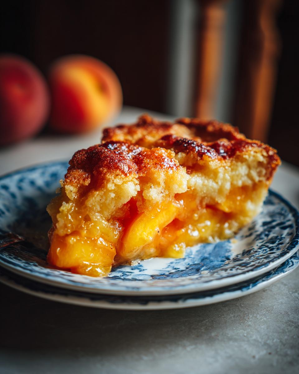 A close-up of a delicious slice of peach cobbler with brown sugar topping, served on a blue and white patterned plate.