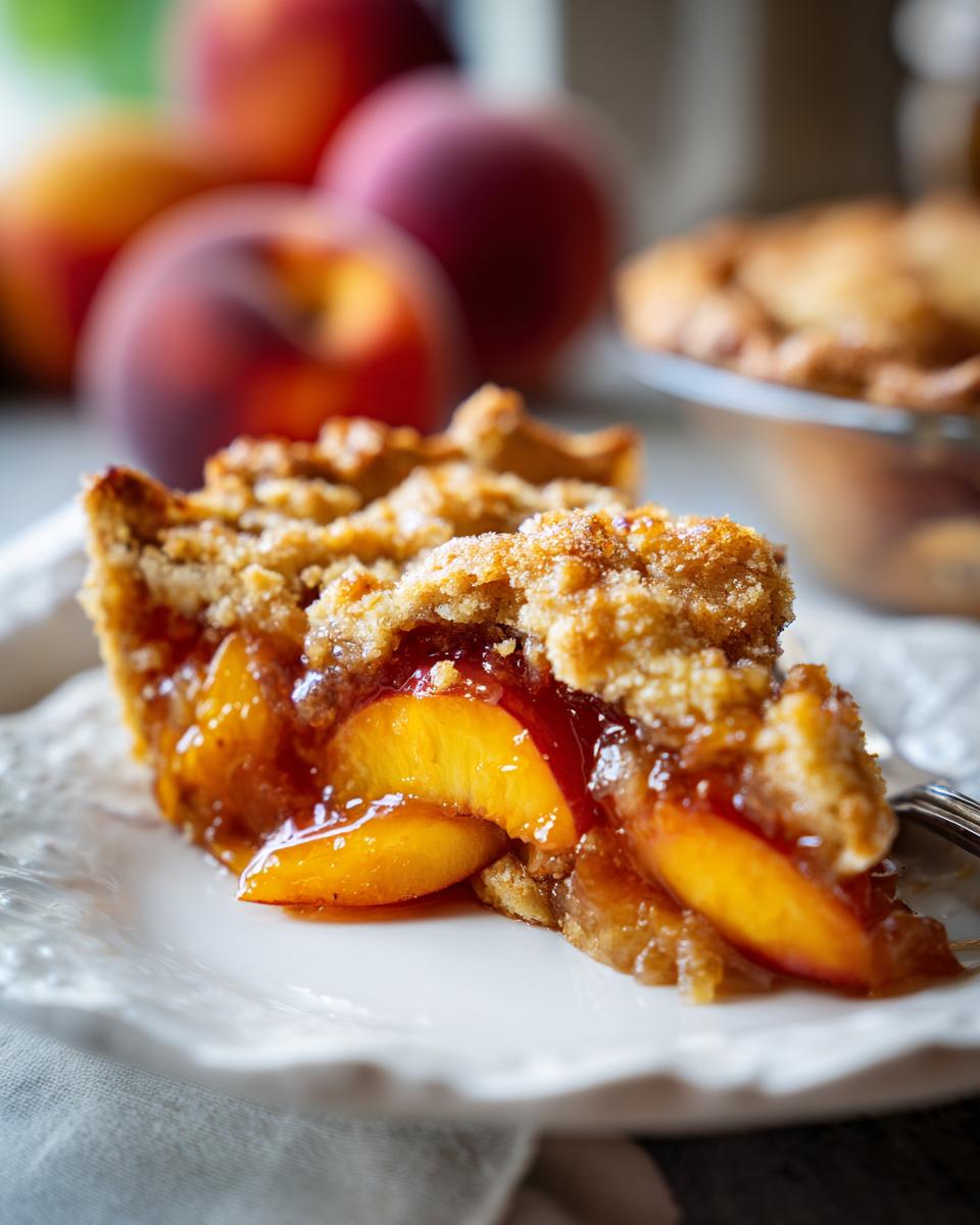 A slice of peach cobbler with brown sugar topping, featuring juicy peach slices and a crumbly crust.