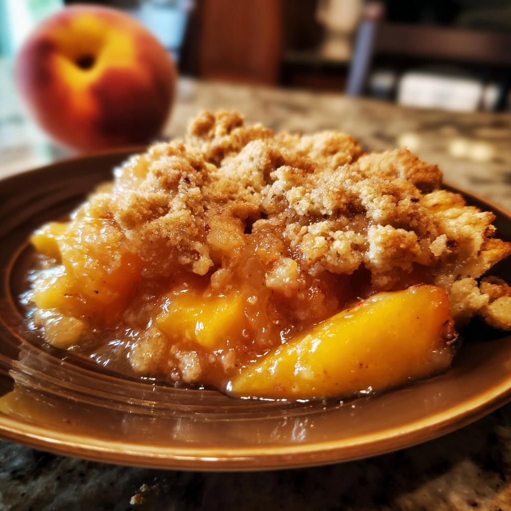 A close-up of a slice of peach cobbler with brown sugar topping on a brown plate, with a whole peach in the background.
