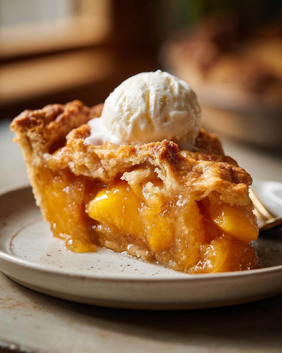A close-up of a slice of peach cobbler with a scoop of vanilla ice cream on top, showcasing the flaky crust and juicy peaches.
