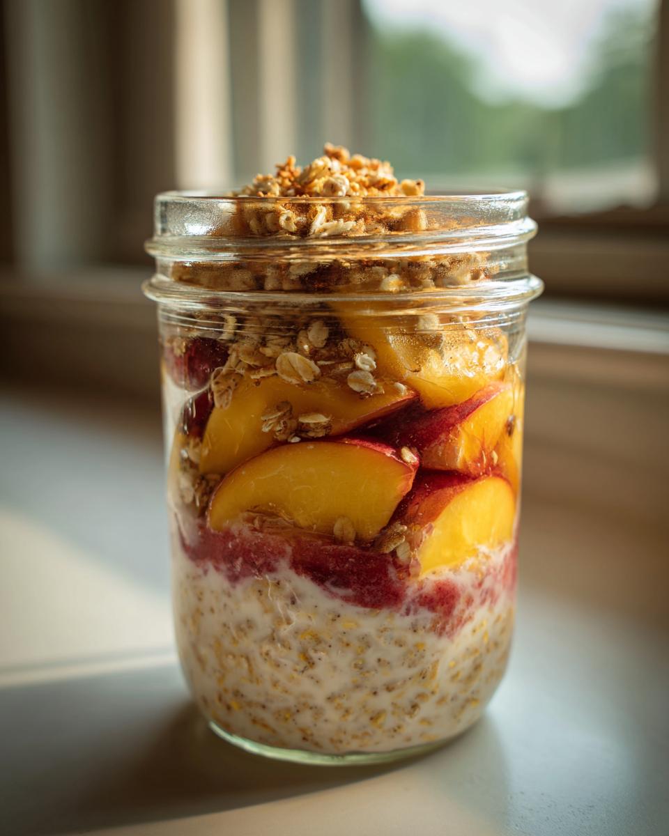 Close-up of overnight oats in a jar, layered with peaches, berry compote, and a crunchy oat topping. A delicious peach recipe.