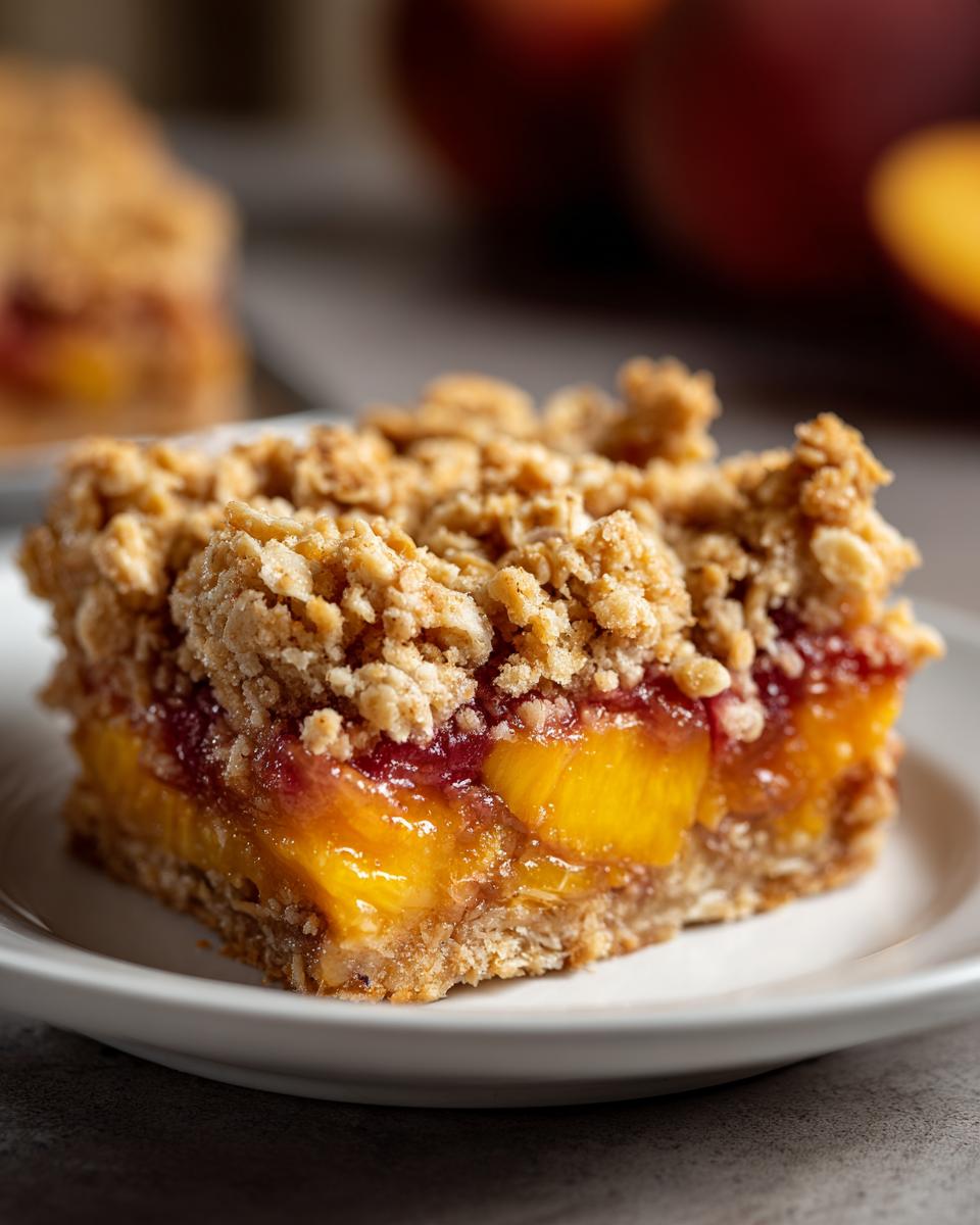 A close-up of a single peach crumble bar with a thick layer of juicy peaches and a buttery oat topping.
