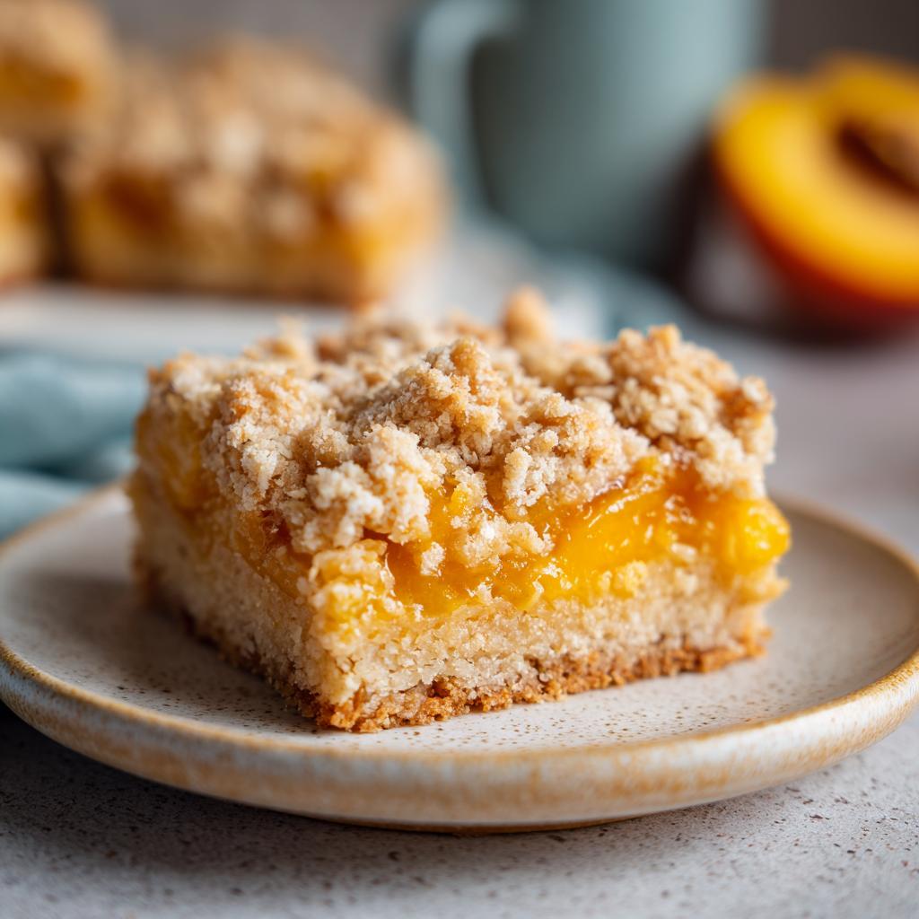 A delicious slice of peach crumble bar with a buttery oat topping on a plate.