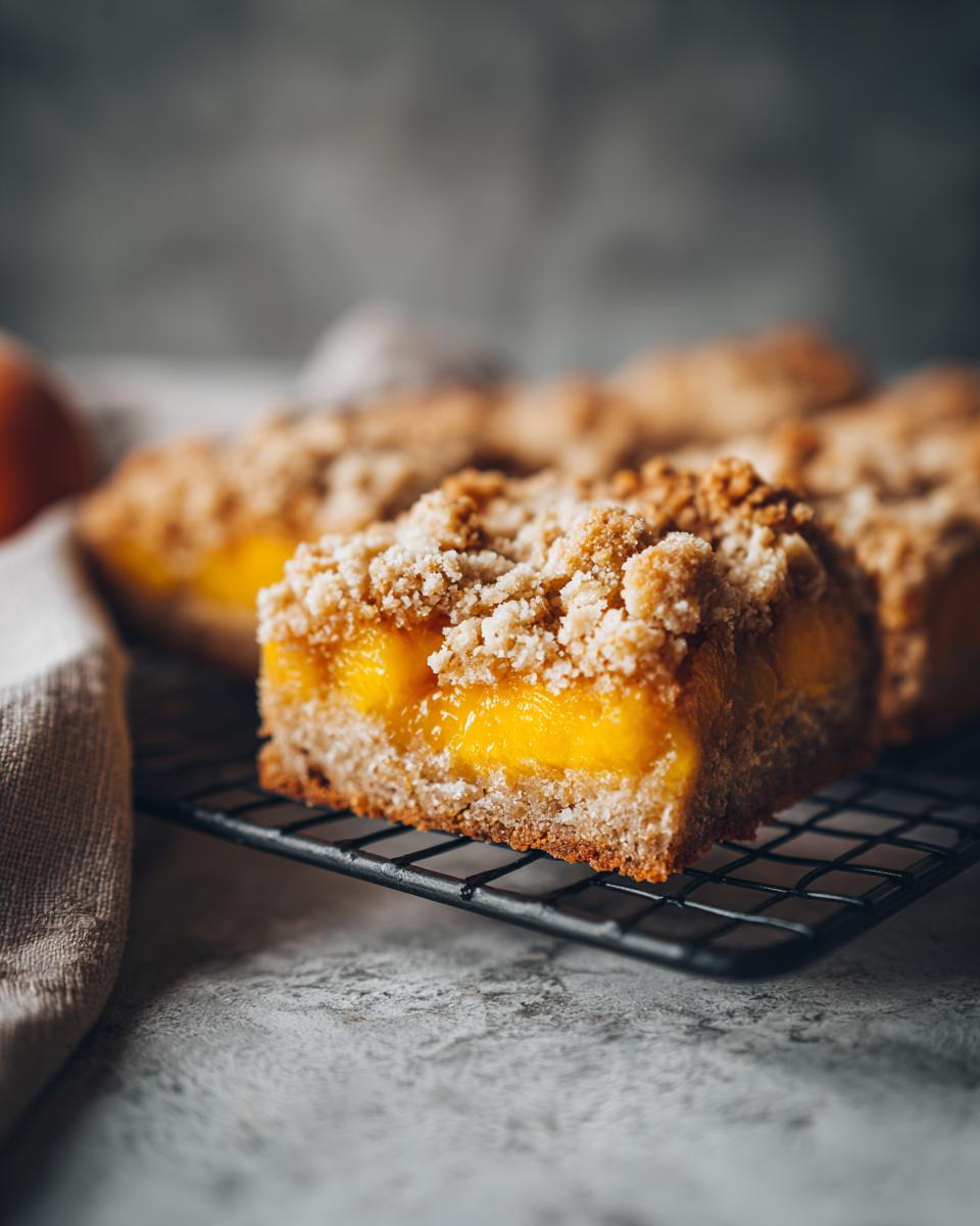 Close-up of a slice of peach crumble bars with a buttery oat topping on a cooling rack.